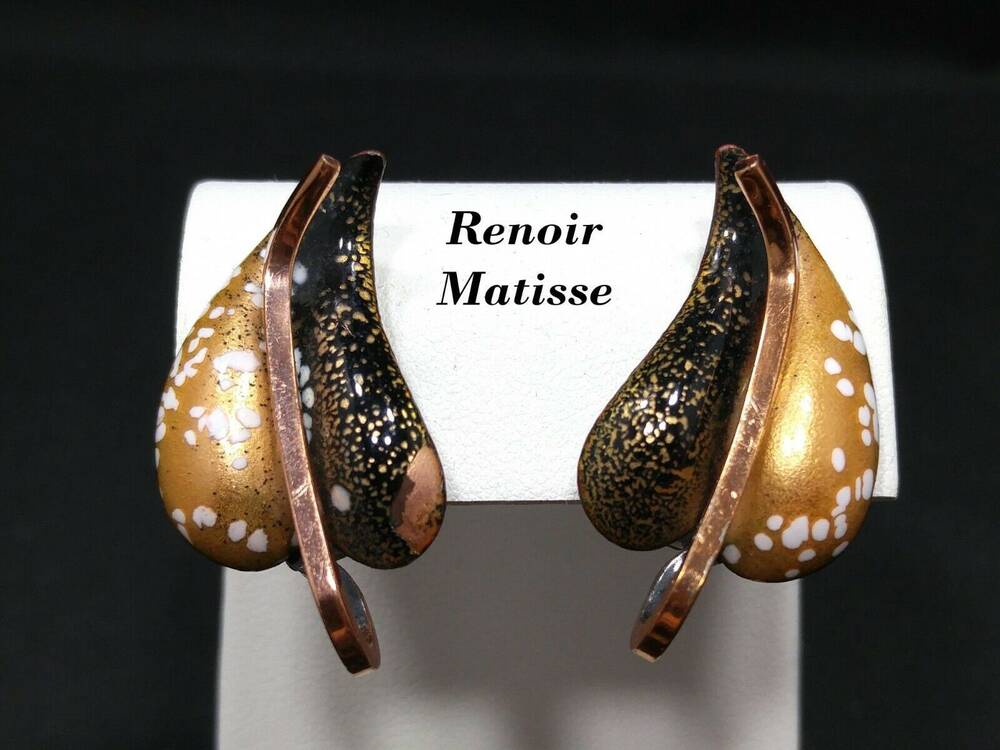 Vintage Matisse Renoir Copper Enameled Clip On Earrings, Copper Black & White